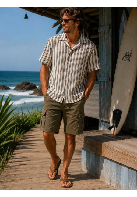 Camisa resort algodón/lino rayas color crudo/negro