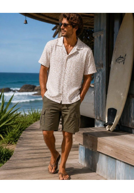 Camisa resort estampado crudo/camel algodón/lino