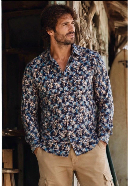 Camisa manga larga popelín estampado calaveras color marino 100% cotton