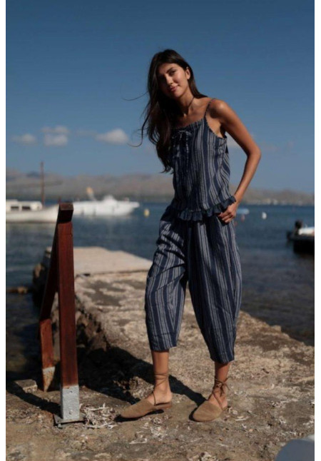 Conjunto pantalón rayas azul indigo/crudo