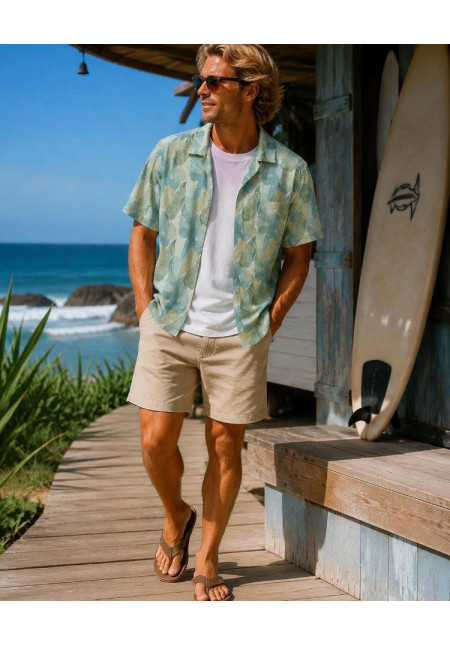 Camisa resort estampado hojas verdes 100% cotton