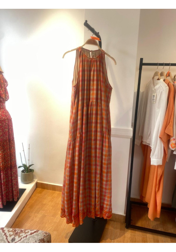 Vestido Largo Vichy Bordado