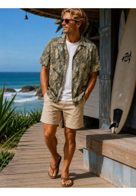 Camisa resort estampado tropical color verde 100% cotton