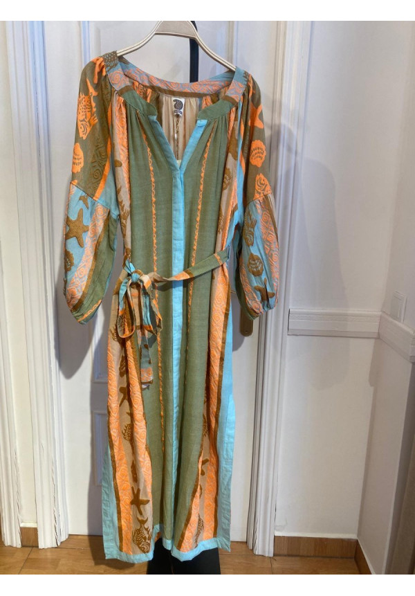 Vestido mangas jacquard rayas/Peces.