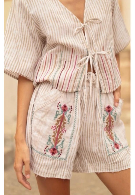 Short de rayas Crudo/arena bordado